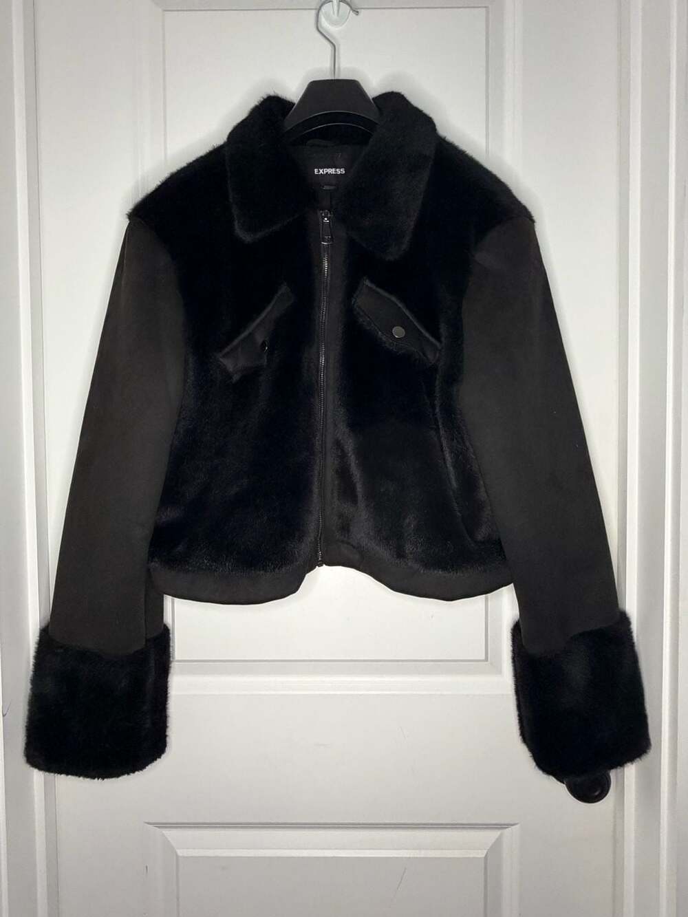 Express Faux Fur Moto Crop Jacket Size XL Black